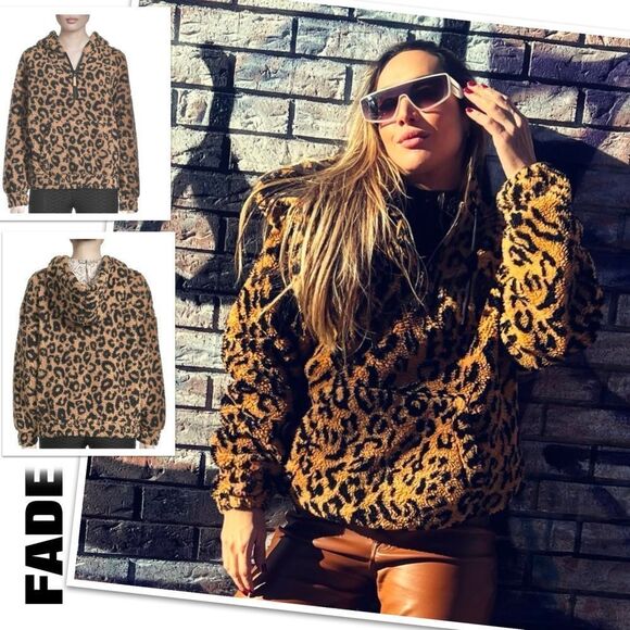 FADE Junior Leopard Print Half-Zip Faux Sherpa Hoodie, Size Large - Picture 1 of 15